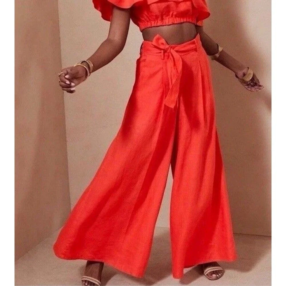 Banana Republic High Rise Wide Leg Linen Pants 12 Palazzo Sedona Coral Orange